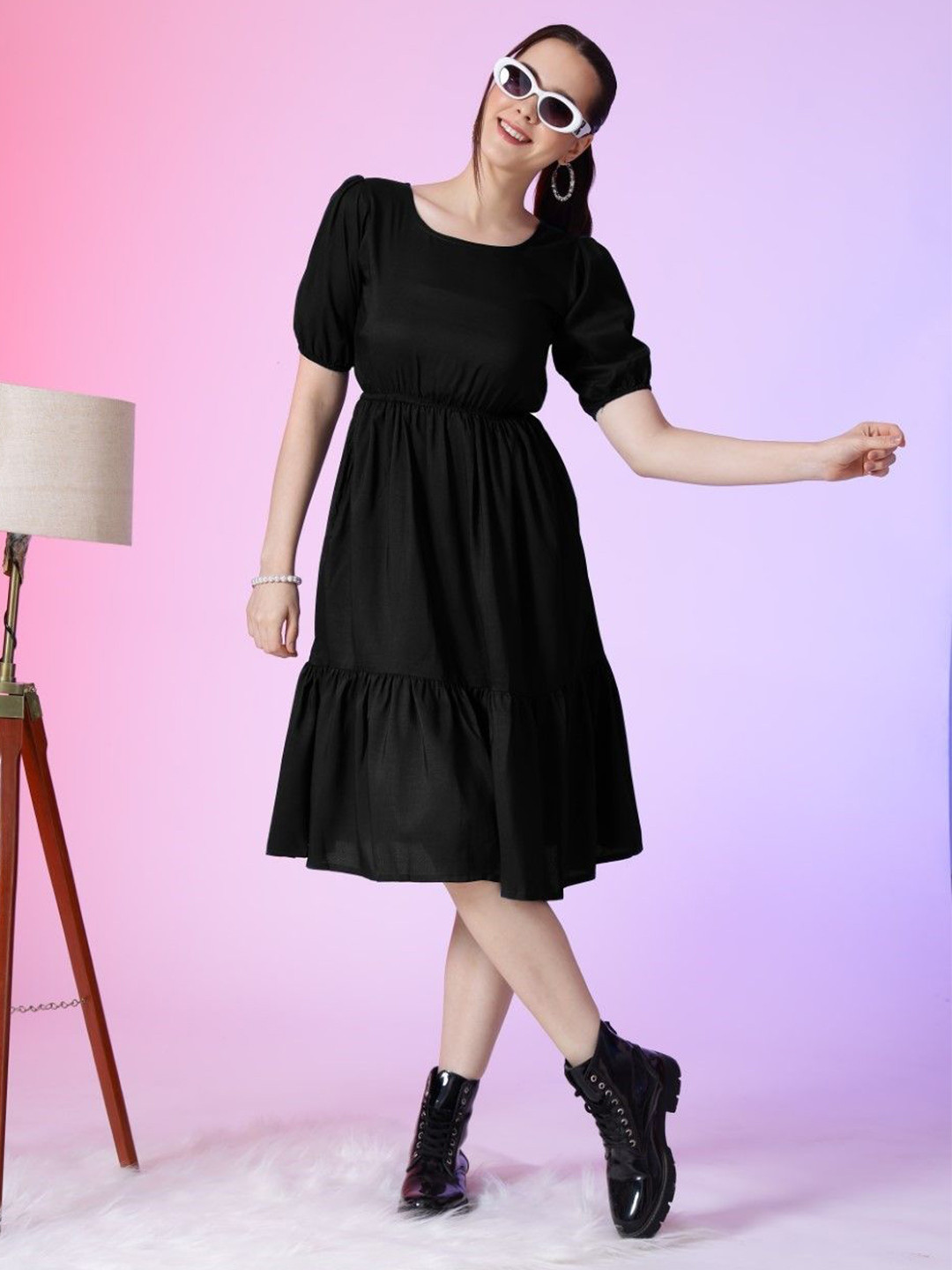 

Raiyani Enterprise Women Puff Sleeves Fit & Flare Dress, Black