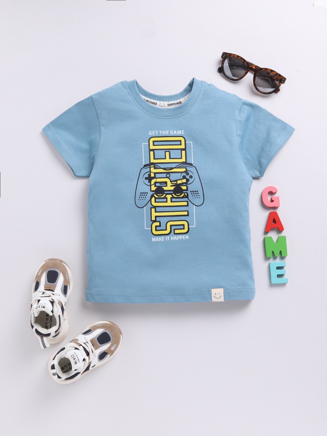 

Happy Faces Boys Pure Cotton Typography & Graphic Printed T-shirt, Blue