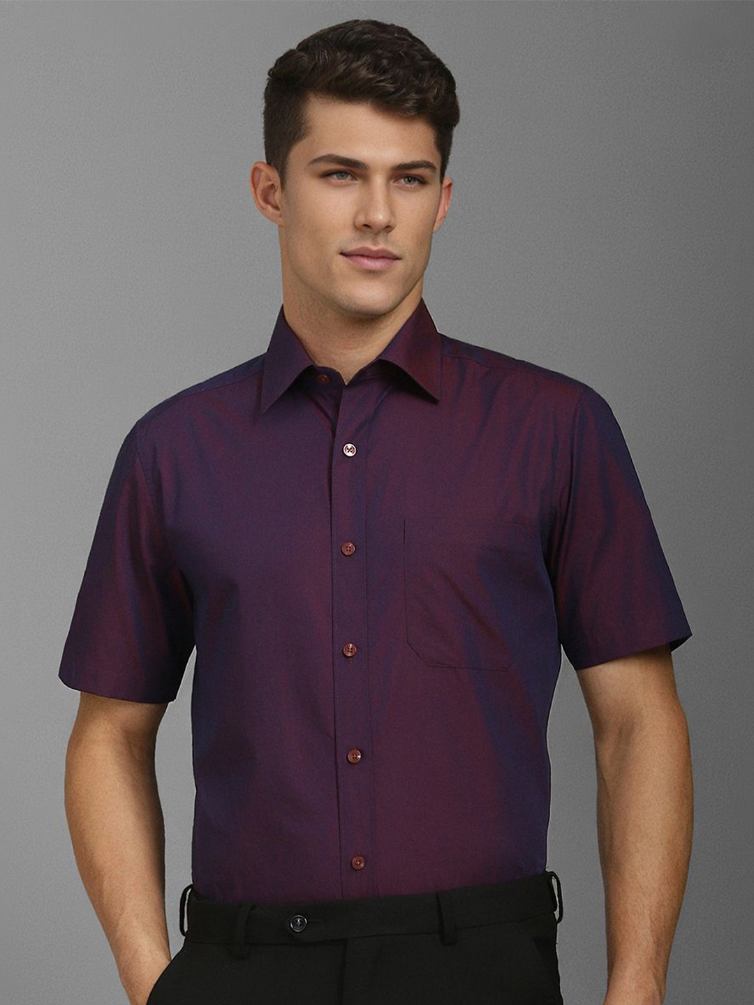 

Louis Philippe Men Classic Spread Collar Solid Cotton Classic Fit Formal Shirt, Purple