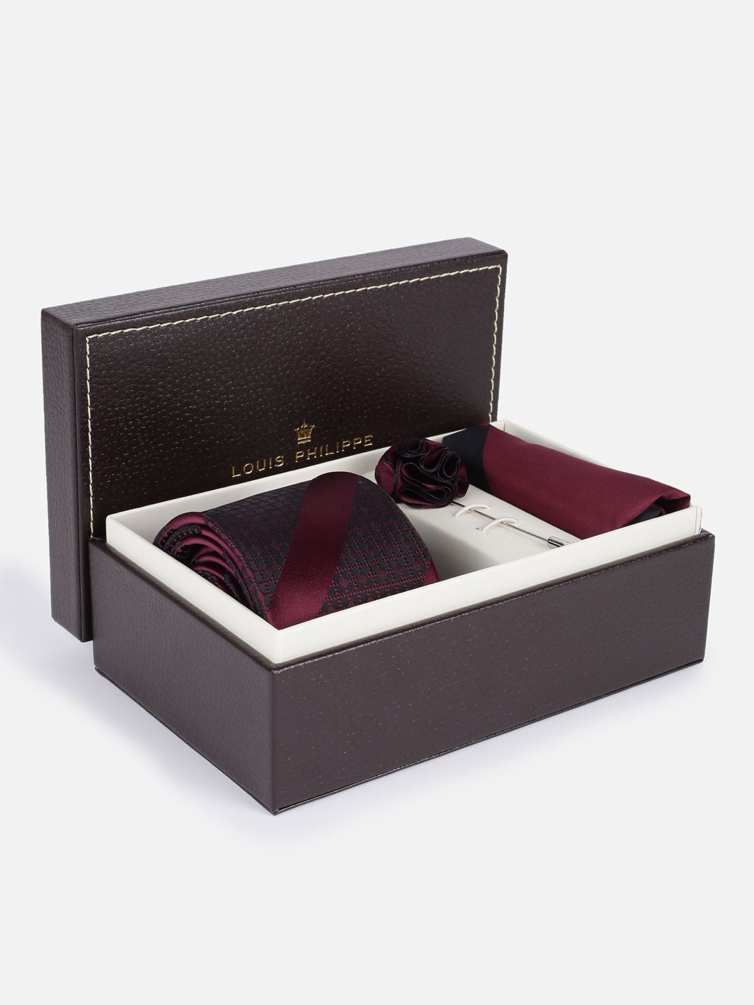 

Louis Philippe Men Accessory Gift Set of Tie, Cufflinks & Pocket Square, Maroon