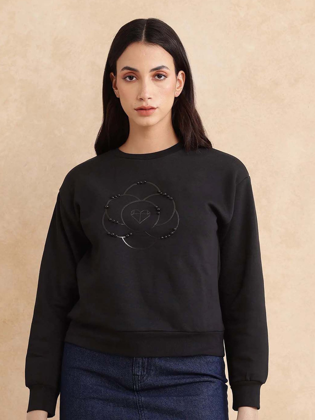 

RAREISM Women Printed Cotton Sweatshirt, Black