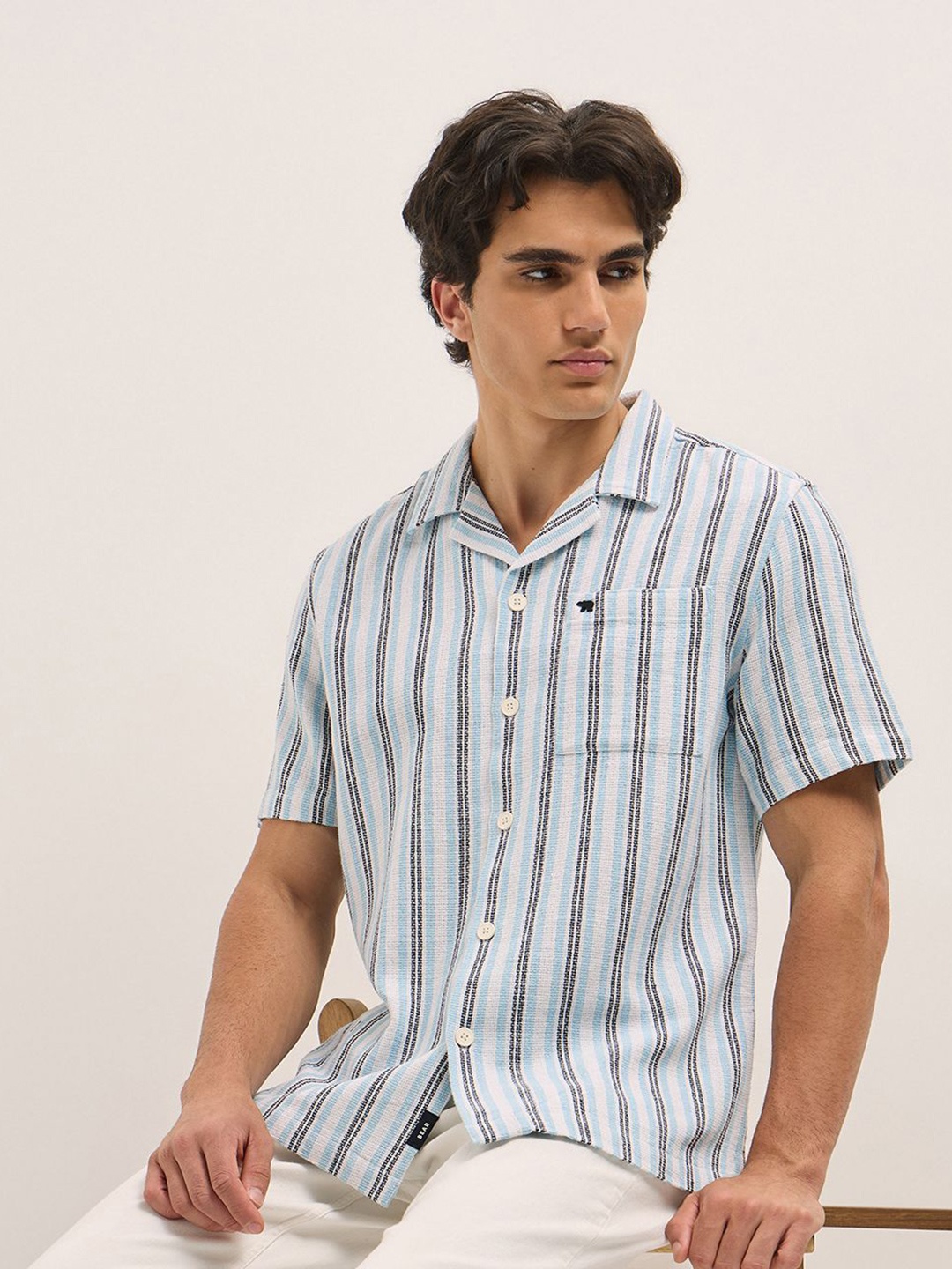 

THE BEAR HOUSE Men Opaque Striped Casual Shirt, Blue