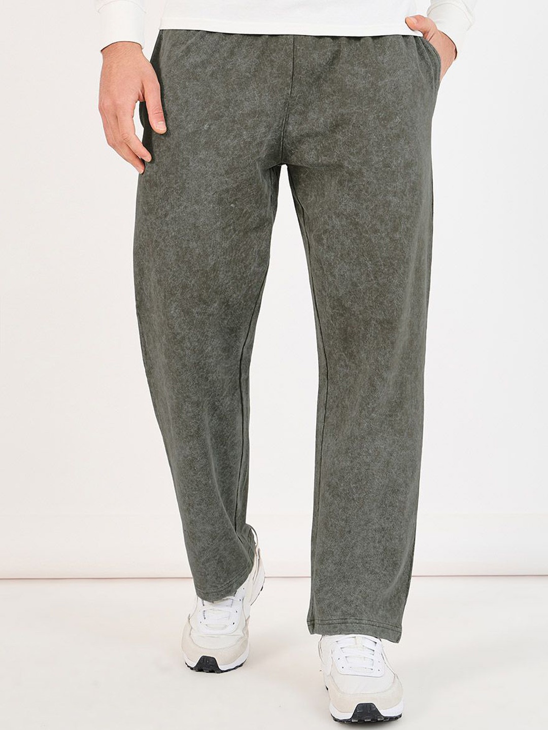 

Styli Men Olive Green Acid Wash Relaxed Fit Open Hem Cotton Track Pants