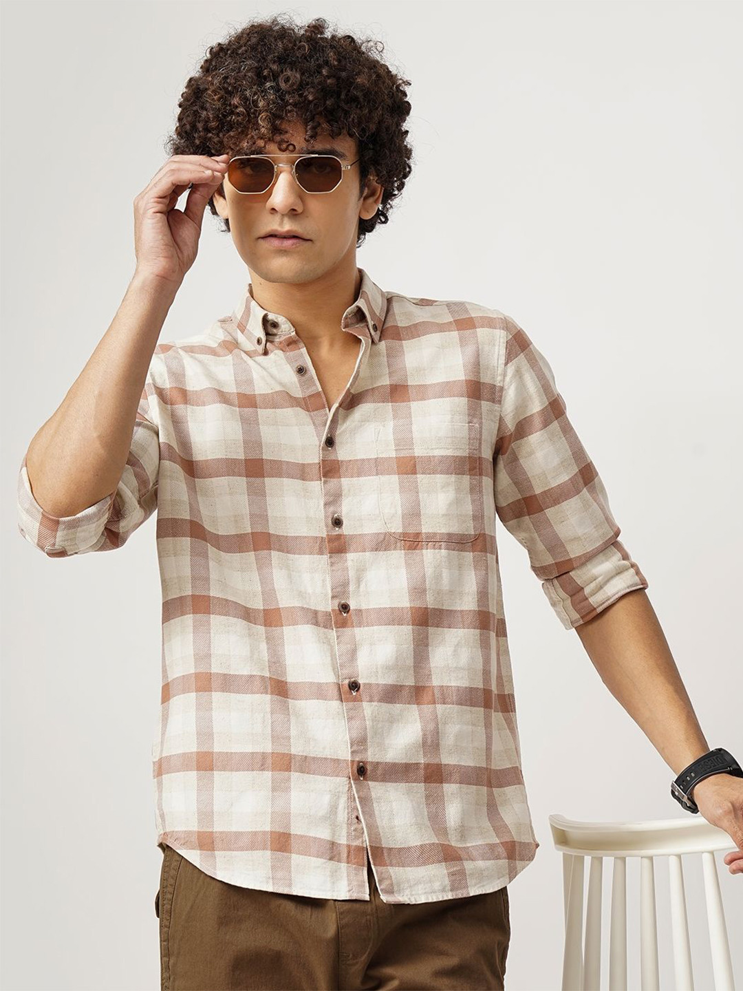 

British Club Men Comfort Button-Down Collar Tartan Checked Cotton Casual Shirt, White