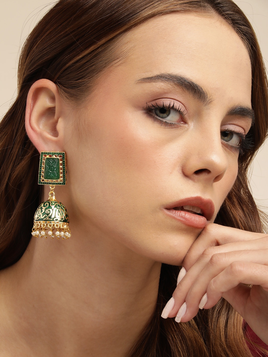 

Anouk Gold-Plated Beaded Dome Shaped Jhumkas, Green