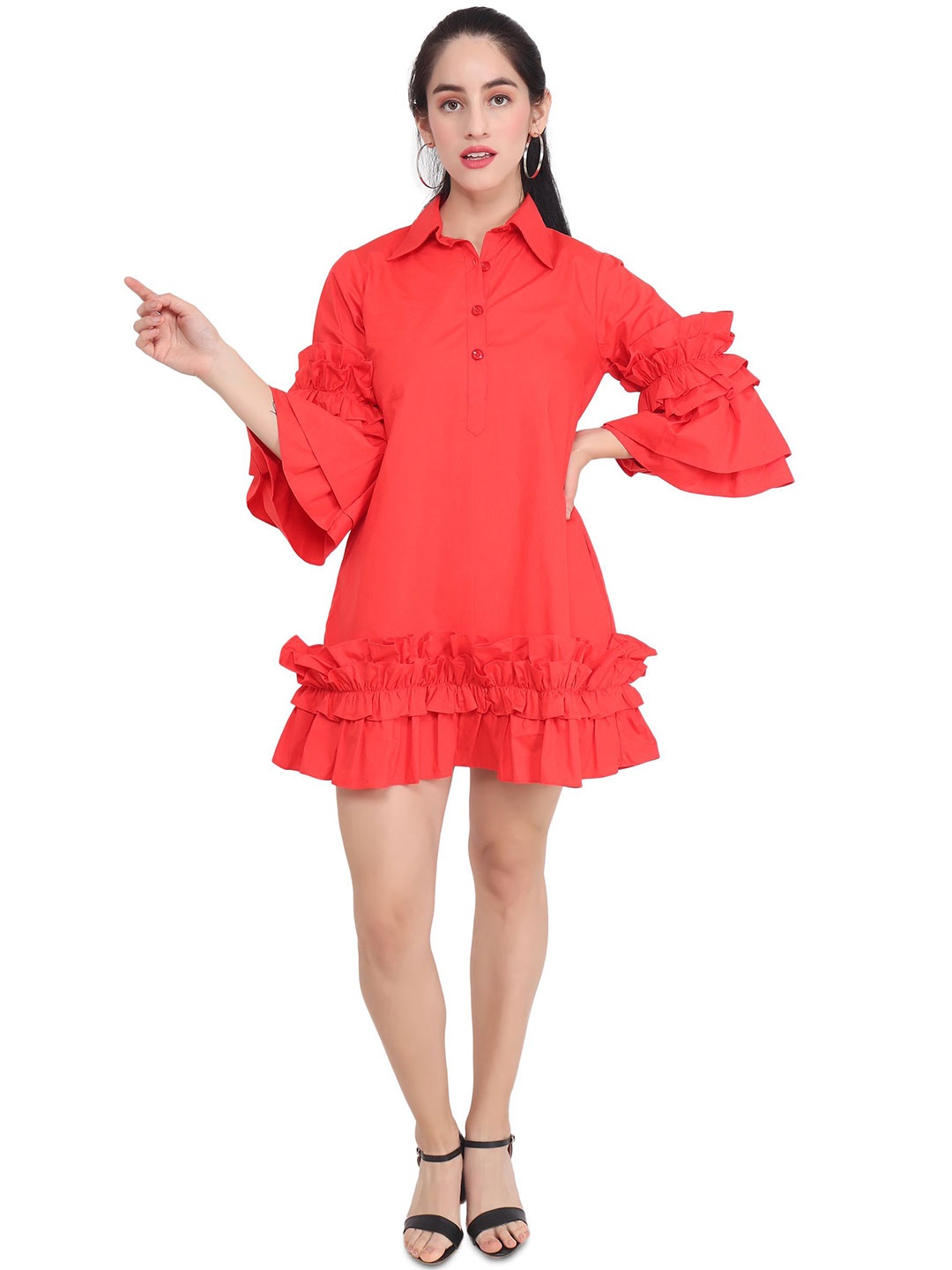 

AUDRAPE Bell Sleeve Cotton A-Line Mini Dress, Red