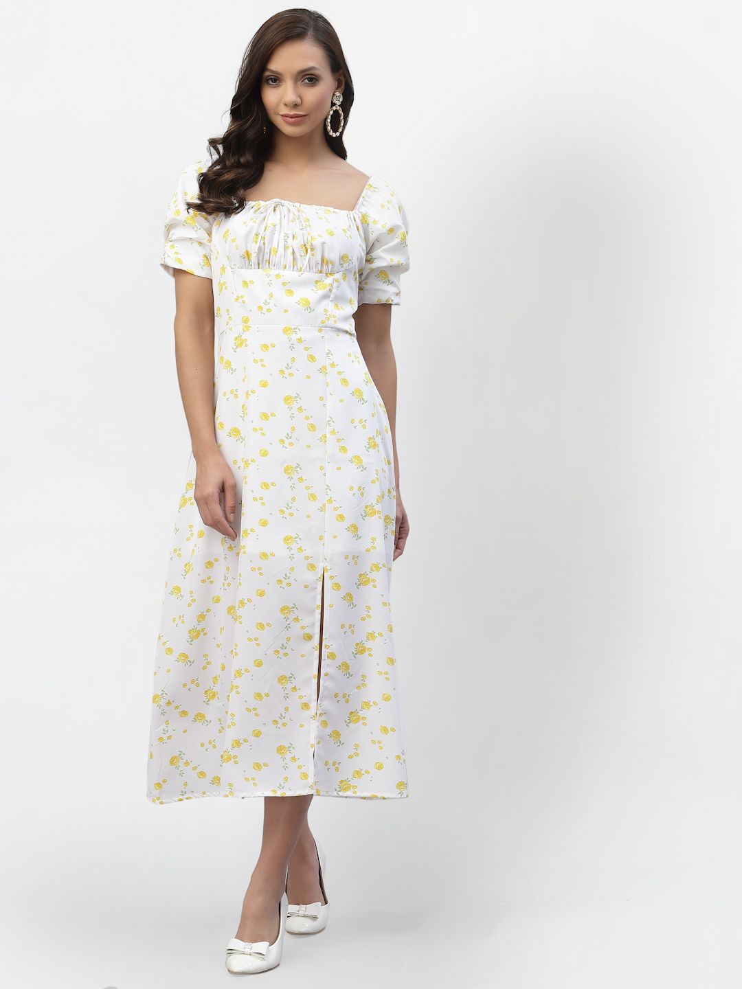 

BAESD Floral Printed A-Line Midi Dress, Yellow