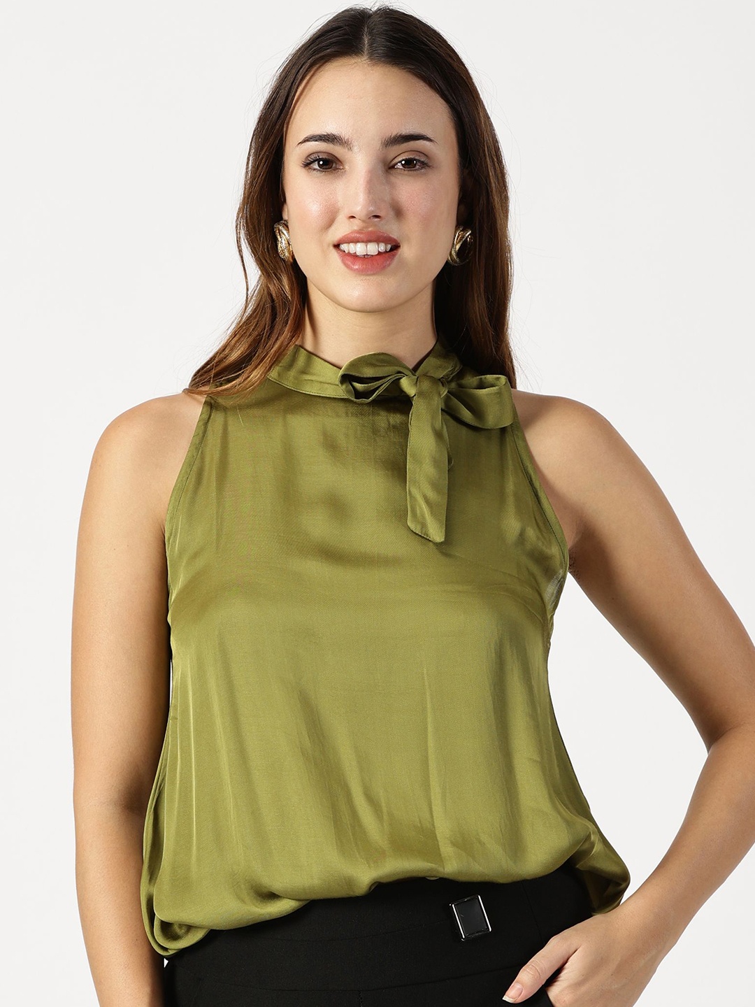 

RAVINIK Tie-Up Neck Tie-Ups Detail Satin Blouson Top, Green