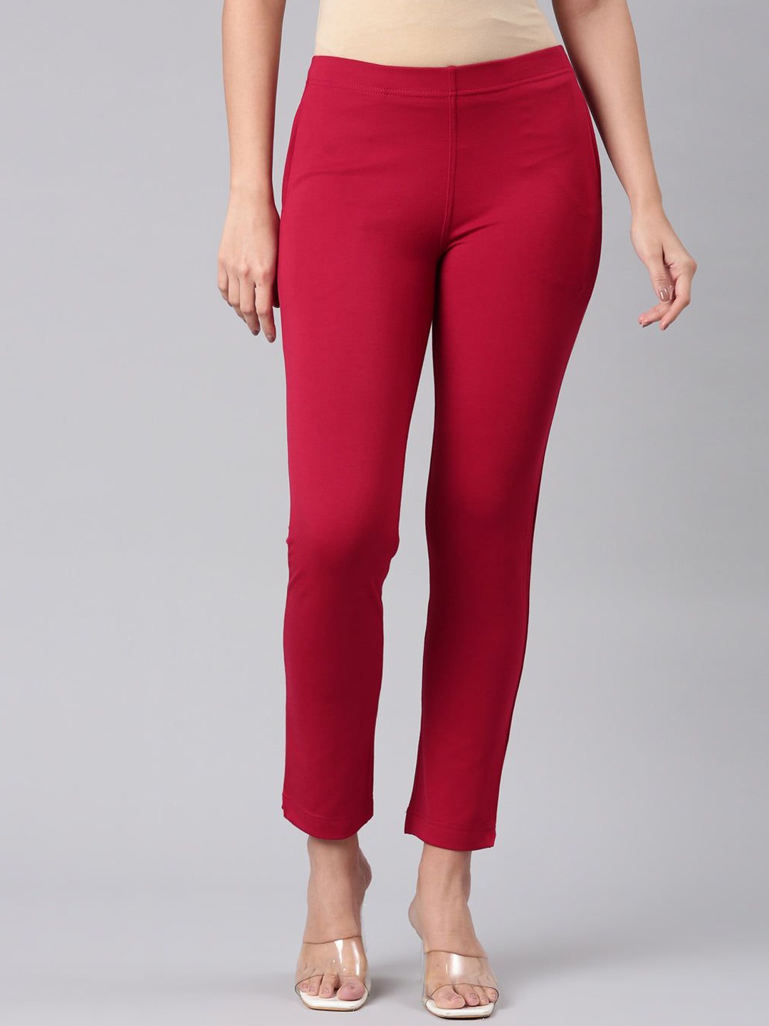 

Go Colors Women Mid Rise Slim Fit Trousers, Red