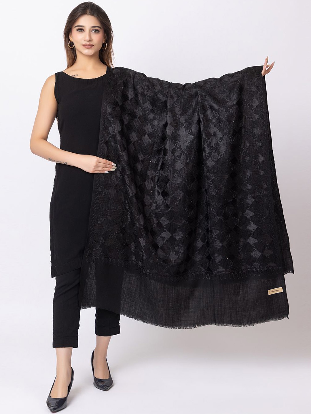 

PASHGIRI Women Printed Kashmiri Embroidered Woolen Shawls, Black