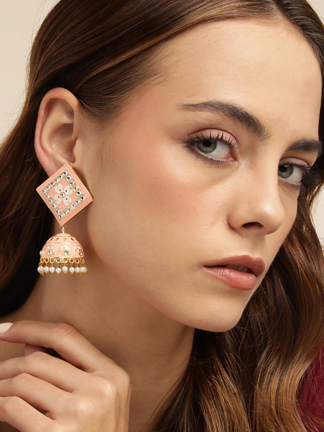 

Anouk Gold-Plated Beaded Dome Shaped Jhumkas Earrings, Peach