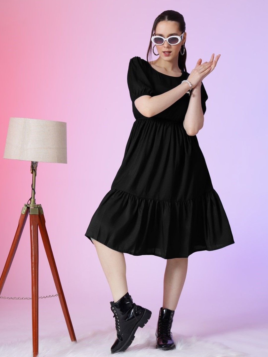 

Raiyani Enterprise Women Puff Sleeve Fit & Flare Dress, Black