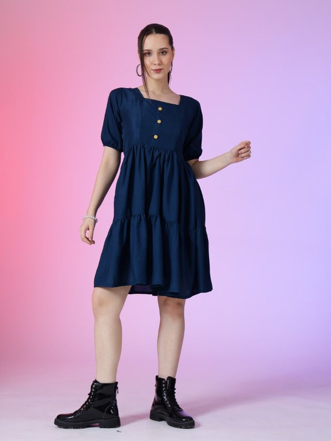 

Krunal Raiyani Crepe Square Neck Puff Sleeves Tiered Fit & Flare Dress, Blue