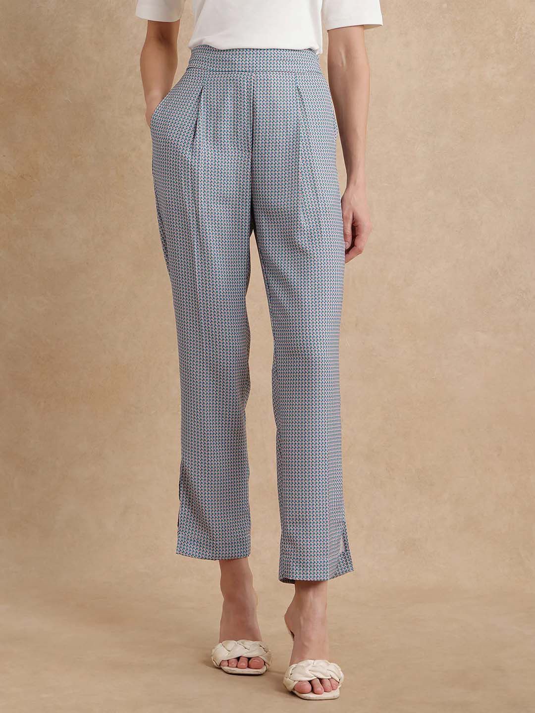 

RAREISM Women Printed Comfort Straight Fit High-Rise Pleated Trousers, Grey