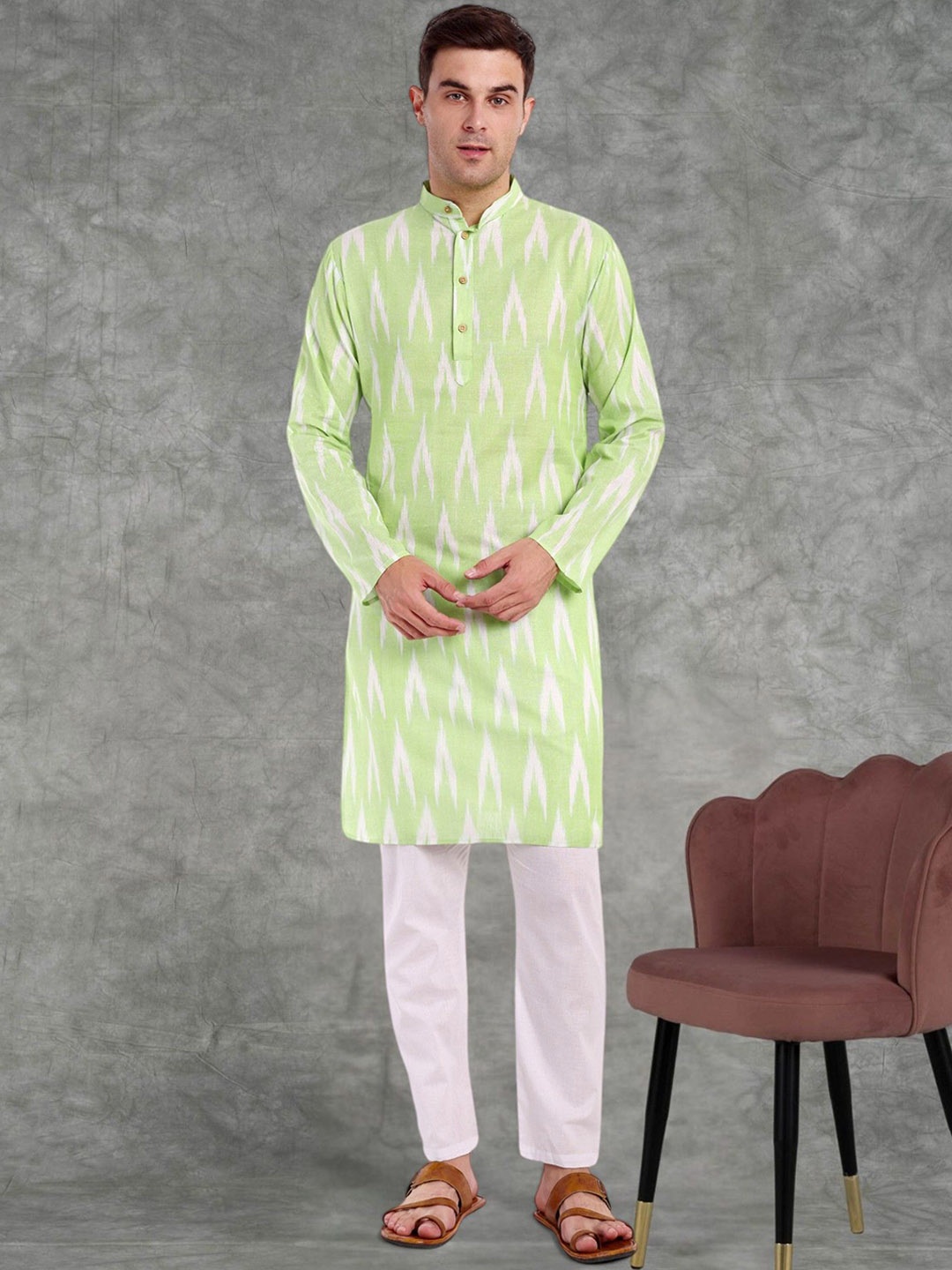 

SKAVIJ Men Printed Regular Pure Cotton Kurta with Pyjamas, Lime green