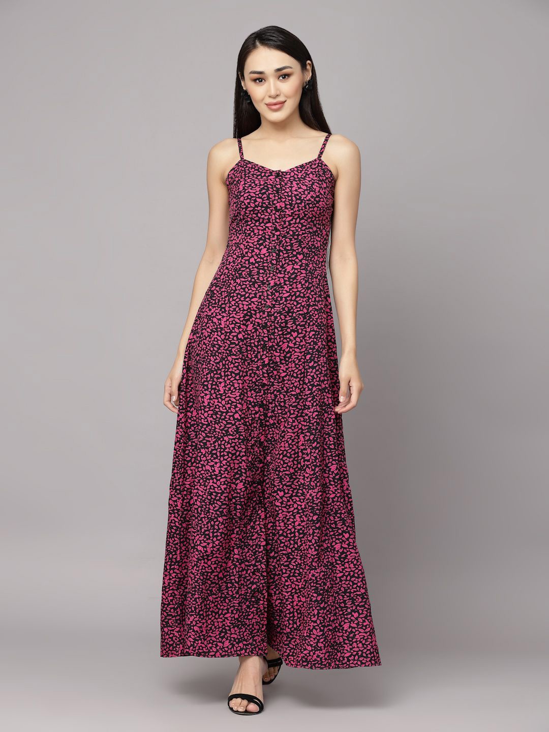 

BAESD Women Floral Printed Shoulder Straps Maxi Dress, Pink