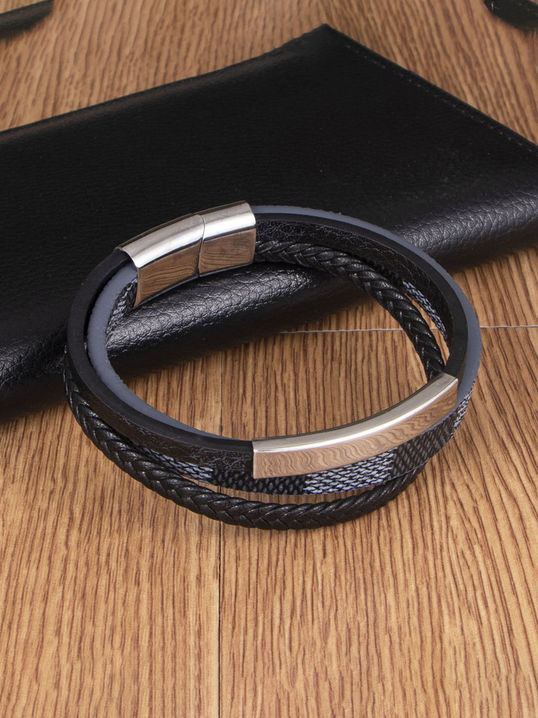 

Jewels Galaxy Men Leather Silver-Plated Wraparound Bracelet