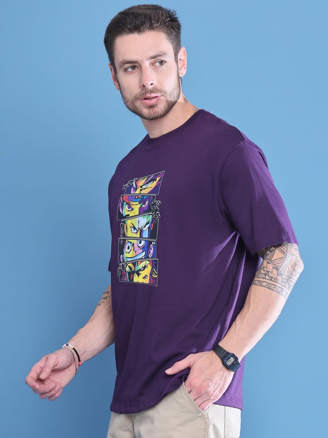 

DOOR74 Men Printed Drop-Shoulder Sleeves T-shirt, Purple