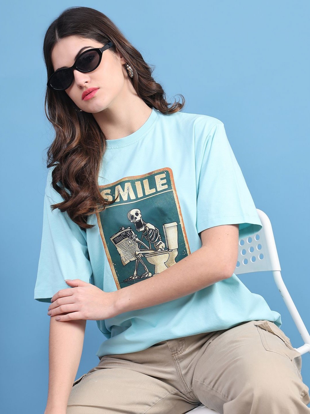 

DOOR74 Women Printed Drop-Shoulder Sleeves T-shirt, Blue
