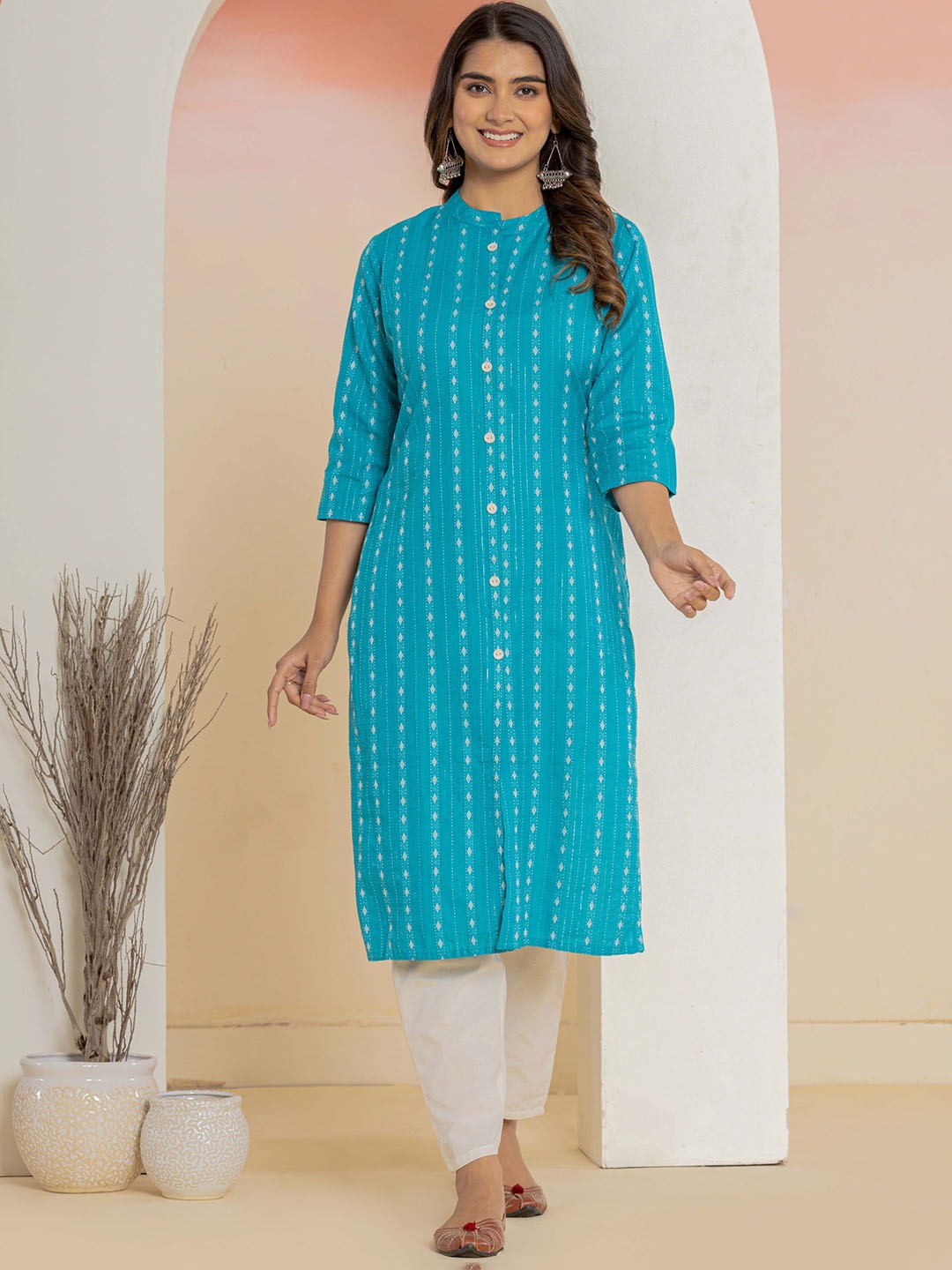 

HEARTLOOM Women Regular Pure Cotton Kurti with Trousers, Turquoise blue
