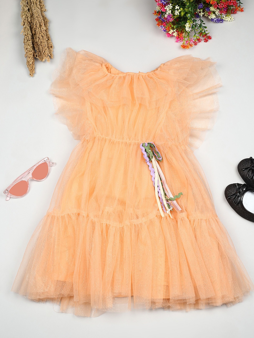 

The Tribe Kids Girls Round Neck Fit & Flare Dress, Peach