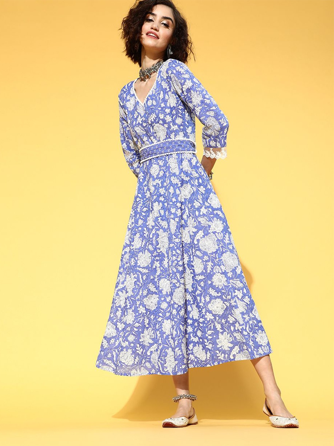 

BAESD Women Pure Cotton Floral Printed A-Line Midi Dress, Blue