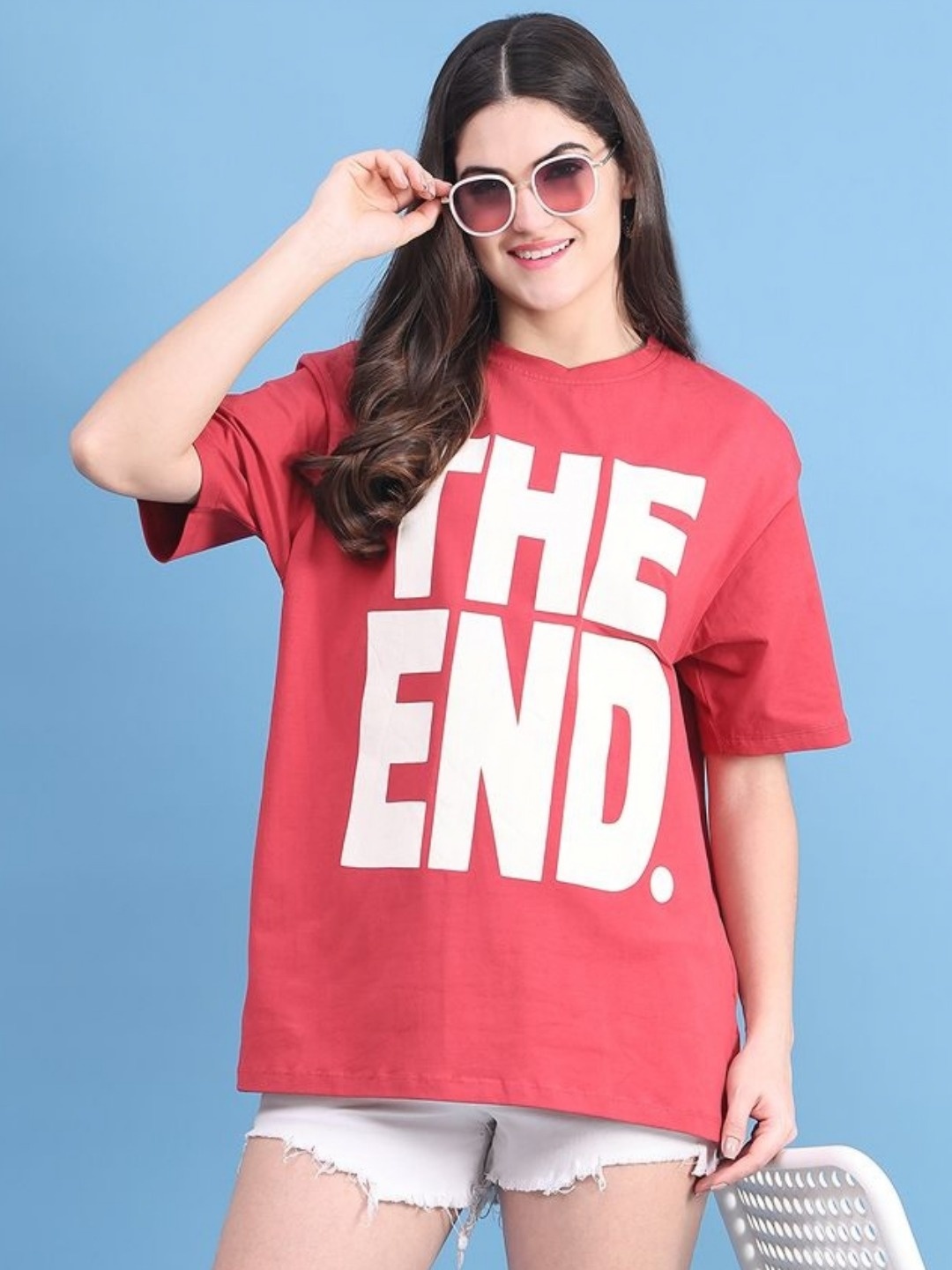

DOOR74 Women Typography Printed Drop-Shoulder Sleeves T-shirt, Red