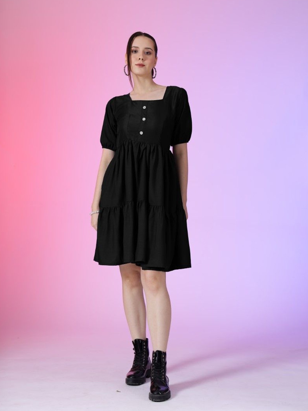 

Krunal Raiyani Women Square Neck Fit & Flare Dress, Black