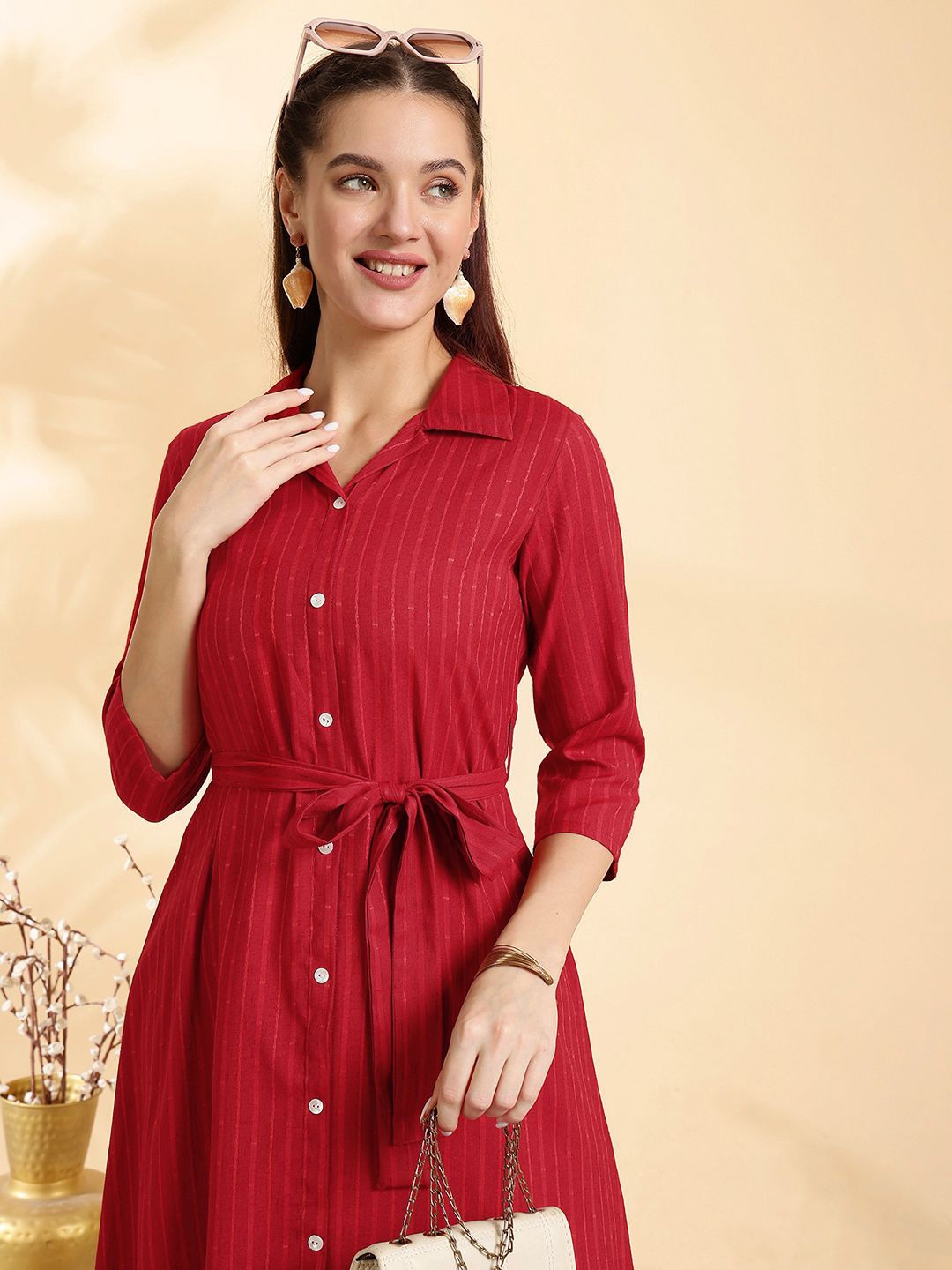 

Anouk Women Striped Shirt Collar Shirt Dress Comes with a belt, Red