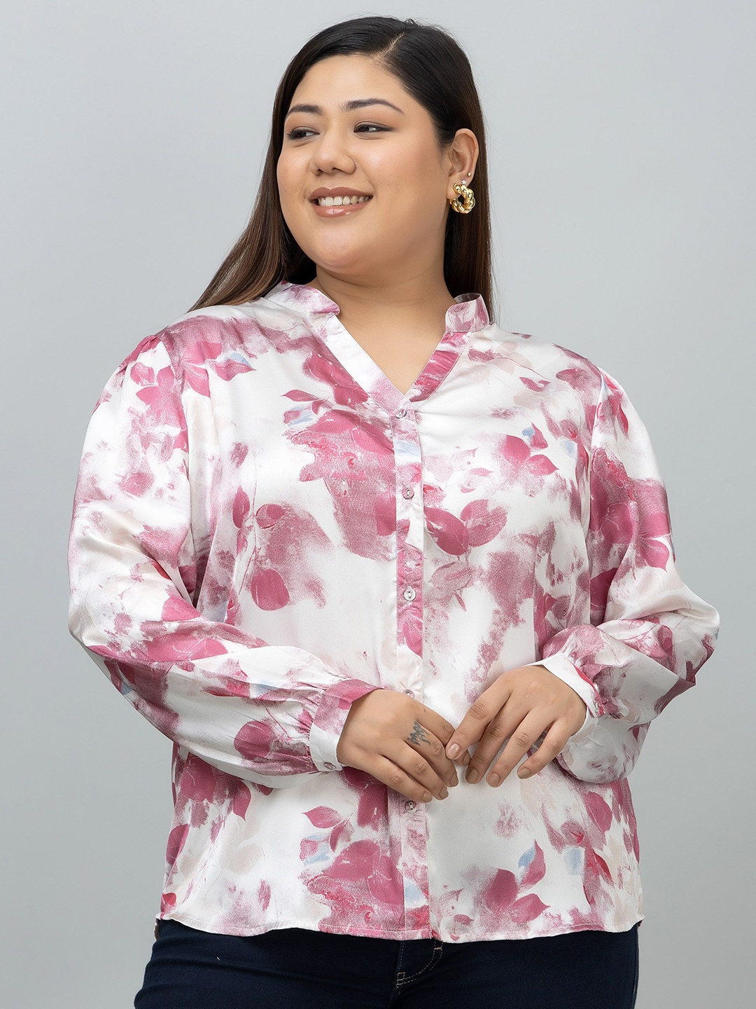 

PURYS PLUS Women Plus Size Classic Band Collar Floral Printed Satin Casual Shirt, White