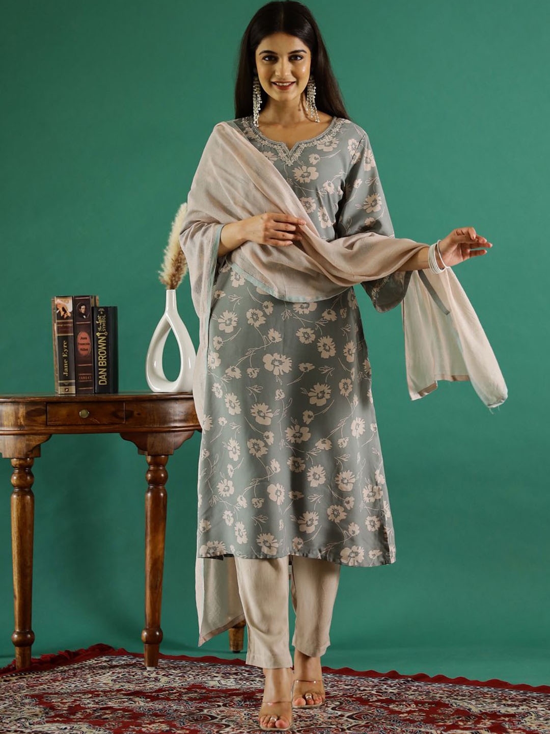 

RangDeep Women Floral Embroidered Regular Kurta with Trousers & With Dupatta, Grey