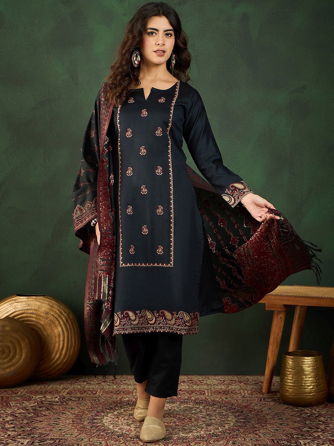 

Sangria Embroidered Straight Winterwear Kurta & Trousers With Dupatta, Black