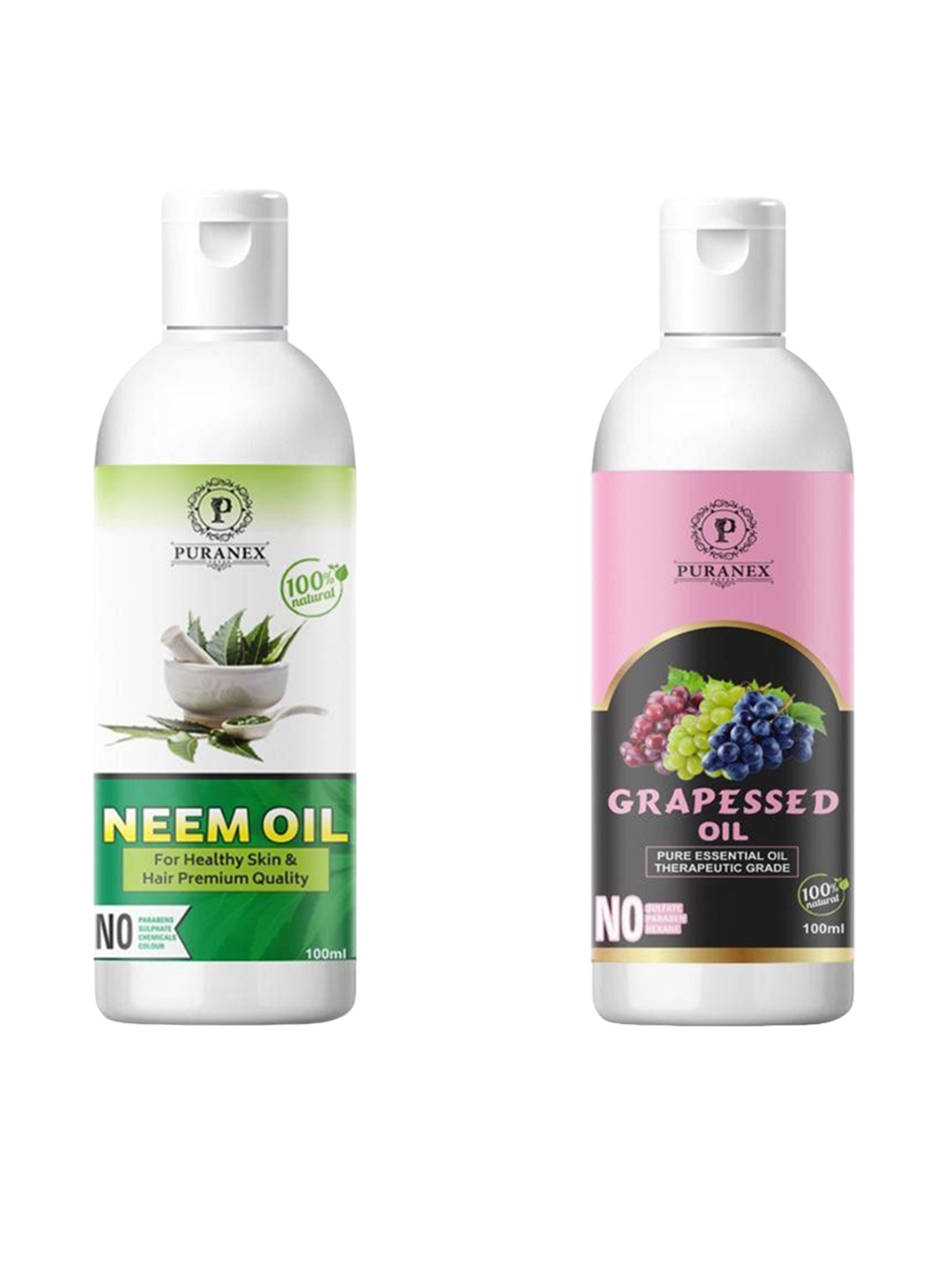 

Puranex Set Of 2 Natural & Pure Neem With Grape Seed Oil For Hair & Skin - 100ml Each, Transparent
