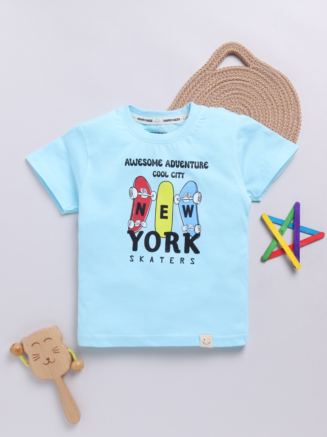 

Happy Faces Boys Pure Cotton Typography & Graphic Printed T-shirt, Blue