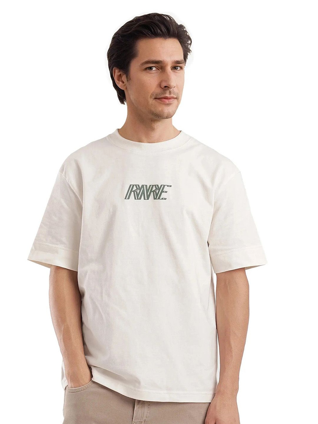 

RARE RABBIT Men Typography Printed Round Neck Cotton Relaxed Fit T-shirt, Off white