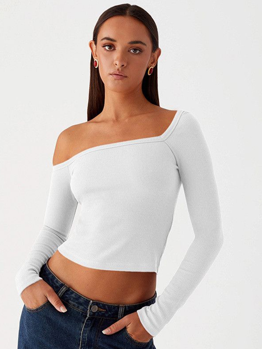 

DressBerry Women One Shoulder Fitted Crop Top, White