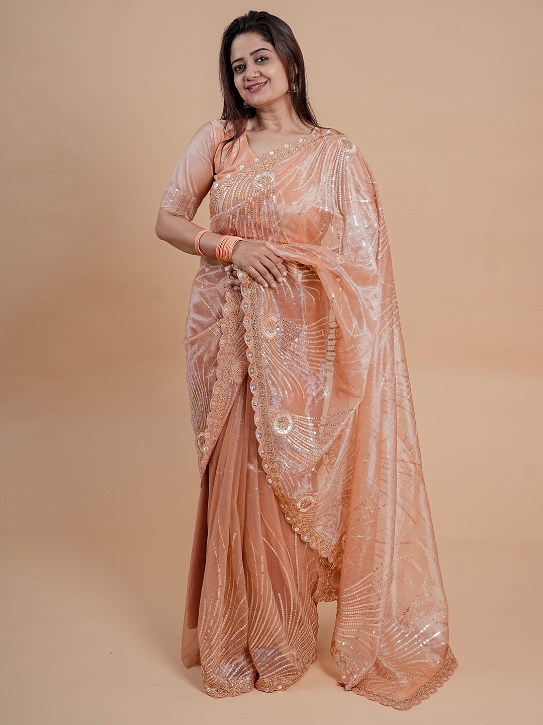 

Munir Embellished Beads and Stones Tissue Designer Saree, Orange