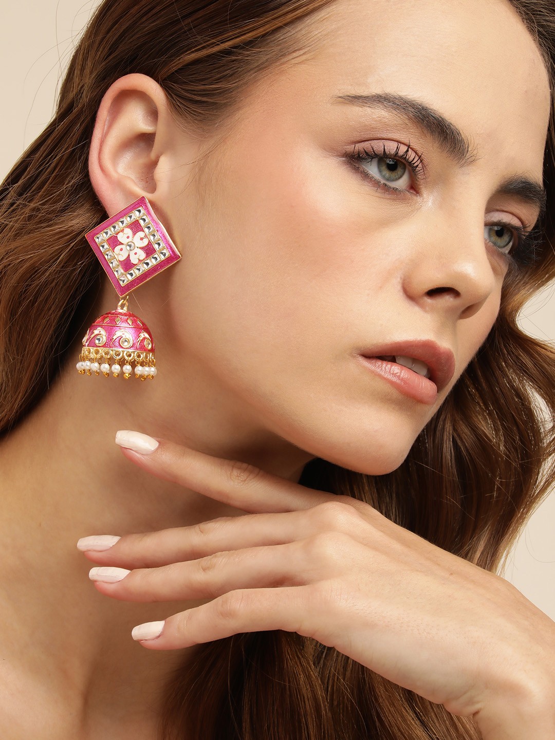 

Anouk Gold Plated Beaded Dome Shaped Meenakari Jhumkas Earrings, Pink