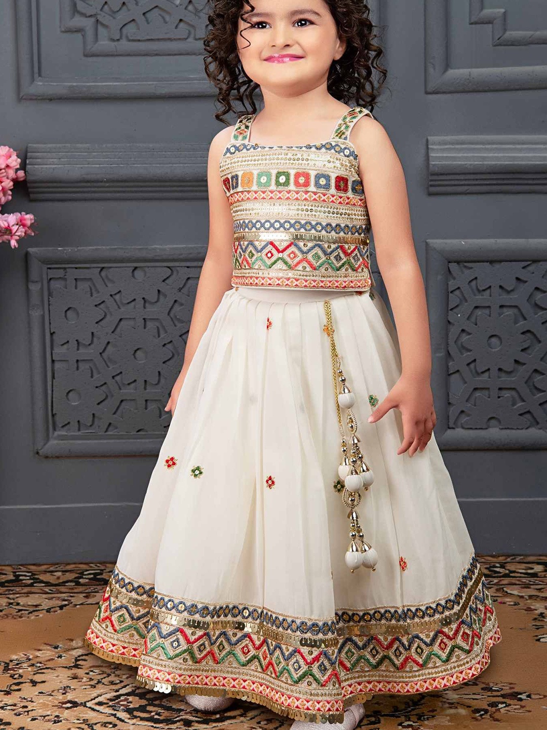 

Lagorii Girls Embroidered Thread Work Ready to Wear Lehenga &, White