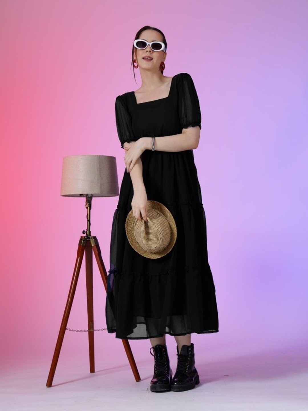 

Femvy Women Fit & Flare Puff Sleeves Maxi Dress, Black