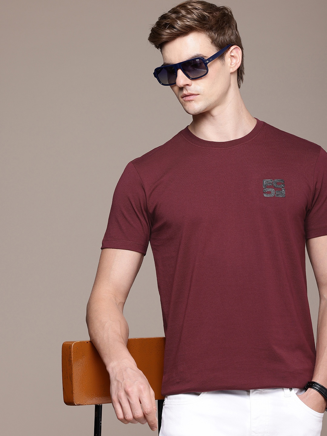 

French Connection Pure Cotton Applique Casual T-shirt, Burgundy