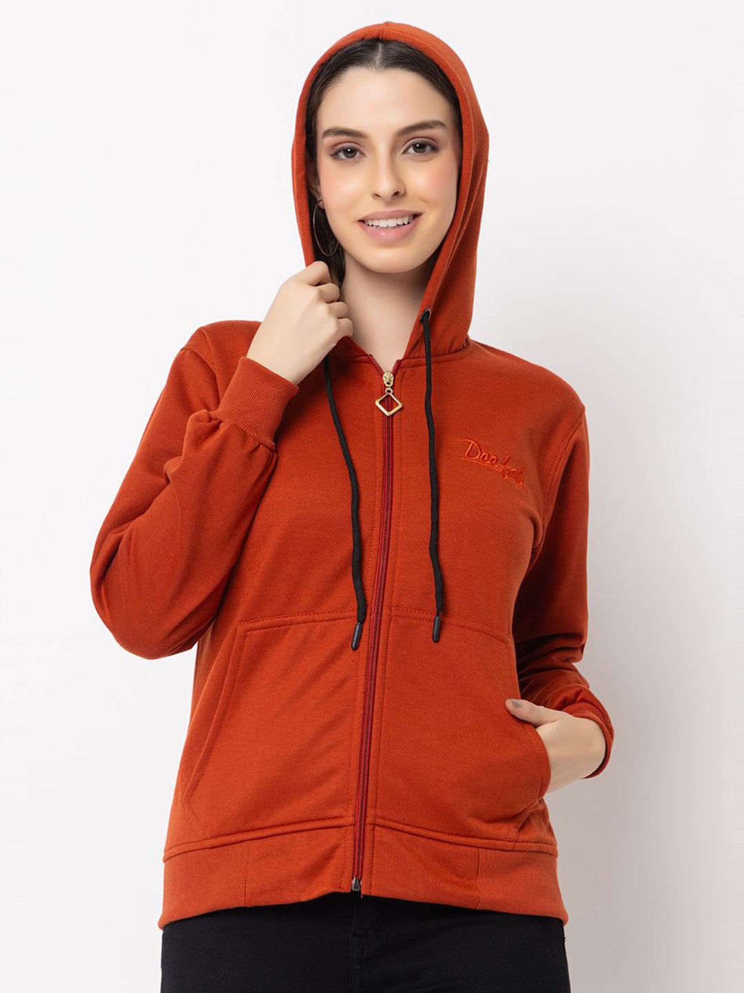 

Deefab Women Solid Hooded Sweatshirt, Rust