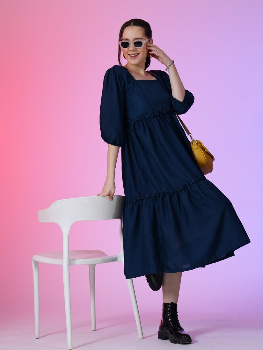 

Krunal Raiyani Women Square Neck Fit & Flare Dress, Blue