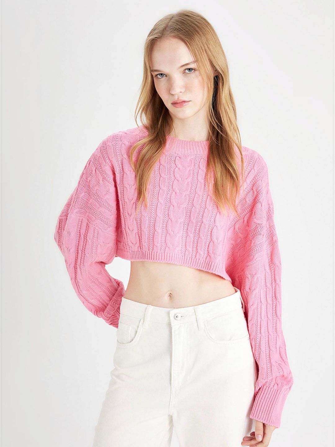 

DeFacto Women Cable Knit Crop Pullover, Pink