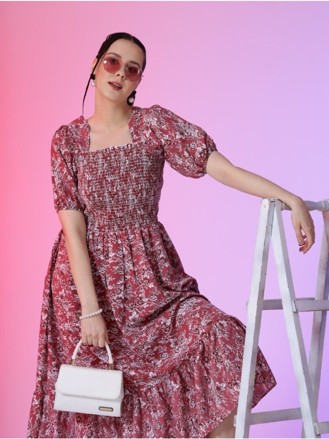 

Krunal Raiyani Women Floral Printed Crepe Fit & Flare Dress, Pink