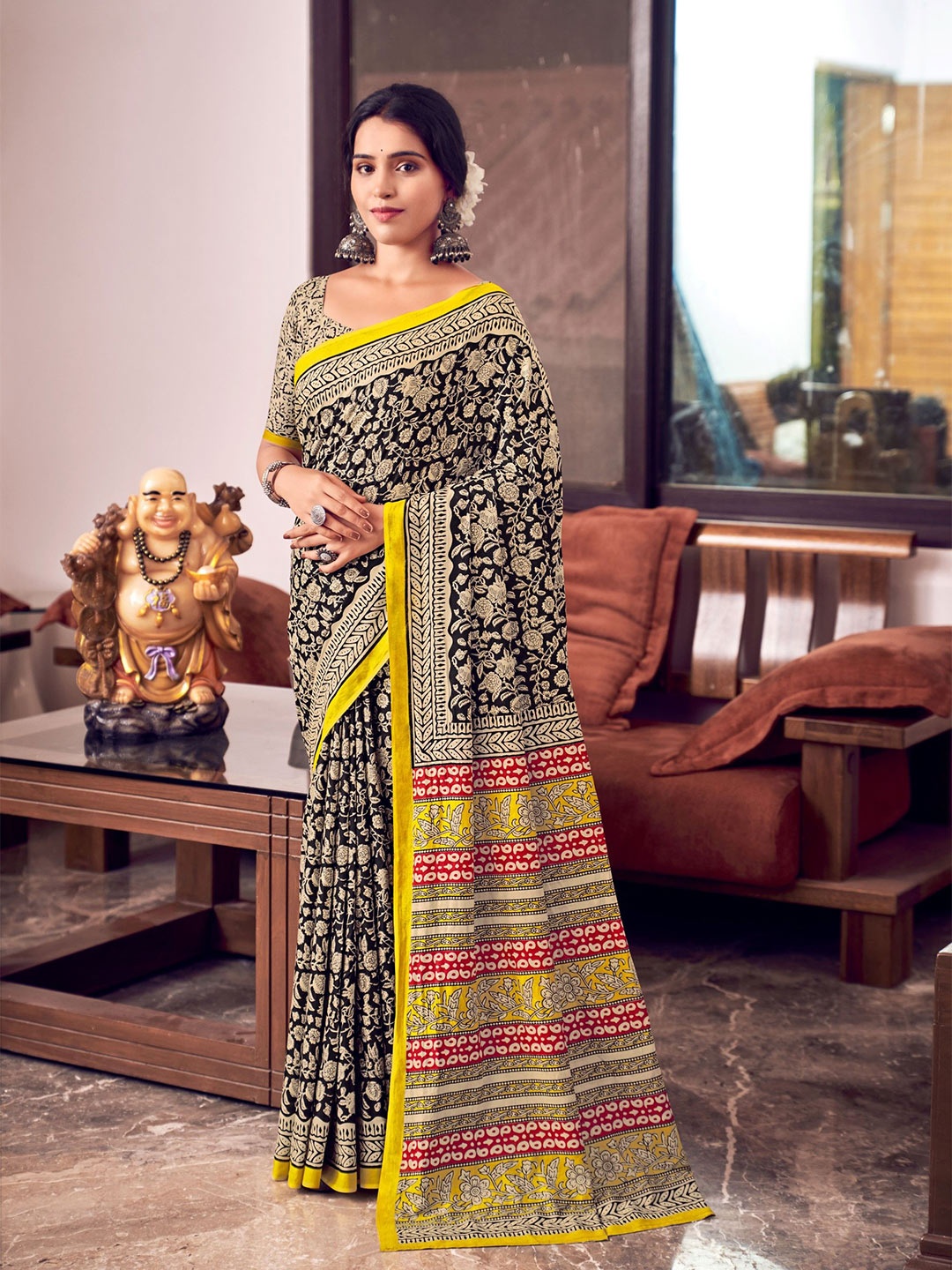

Chandbaali Ajrak Block Printed Pure Cotton Traditional Bagru Saree, Yellow