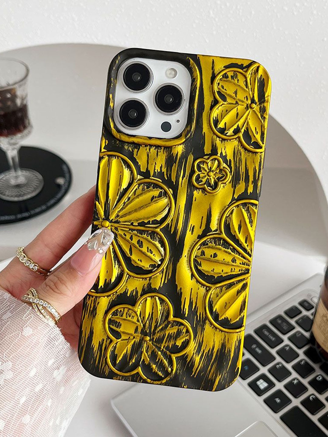 

Luxury Kase Floral Printed iPhone 12 Pro Back Case Mobile Accessories, Yellow