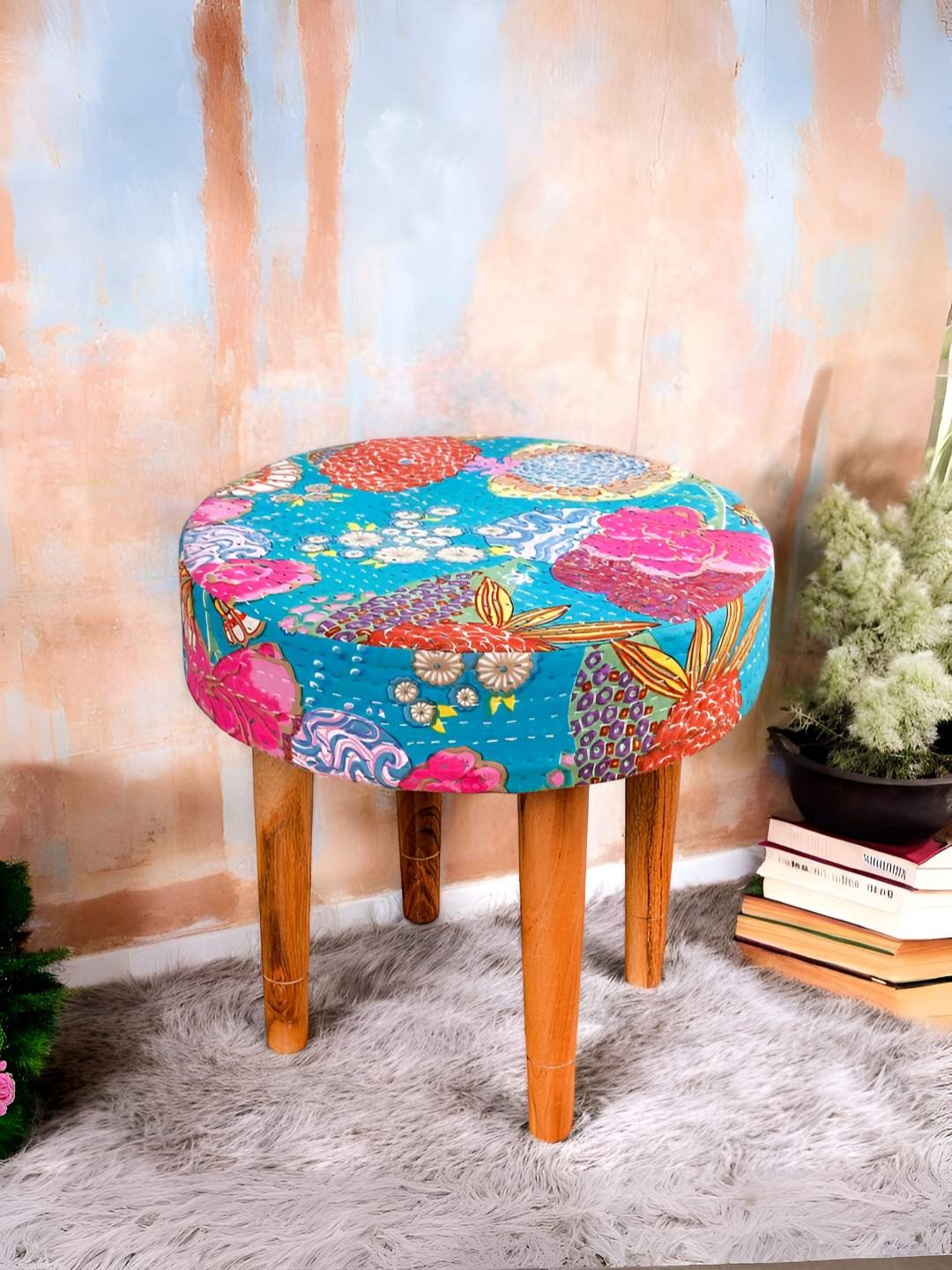 

Ikiriya Maple Sheesham Wood Accent Sparkle Upholstery Round Foot Stool, Green