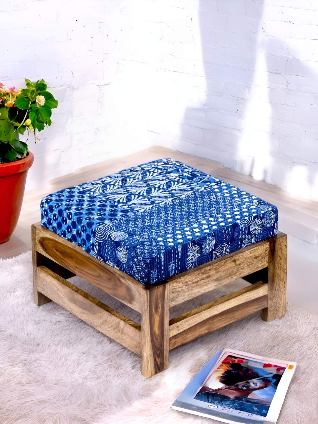 

Ikiriya Blue Square Wooden Stool with Kantha Cushion