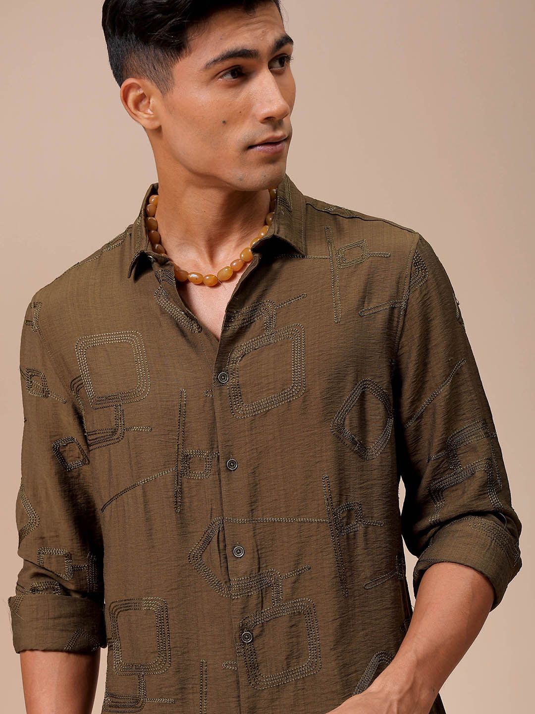

The Indian Garage Co Men Regular Fit Embroidery Resortwear Shirt, Olive